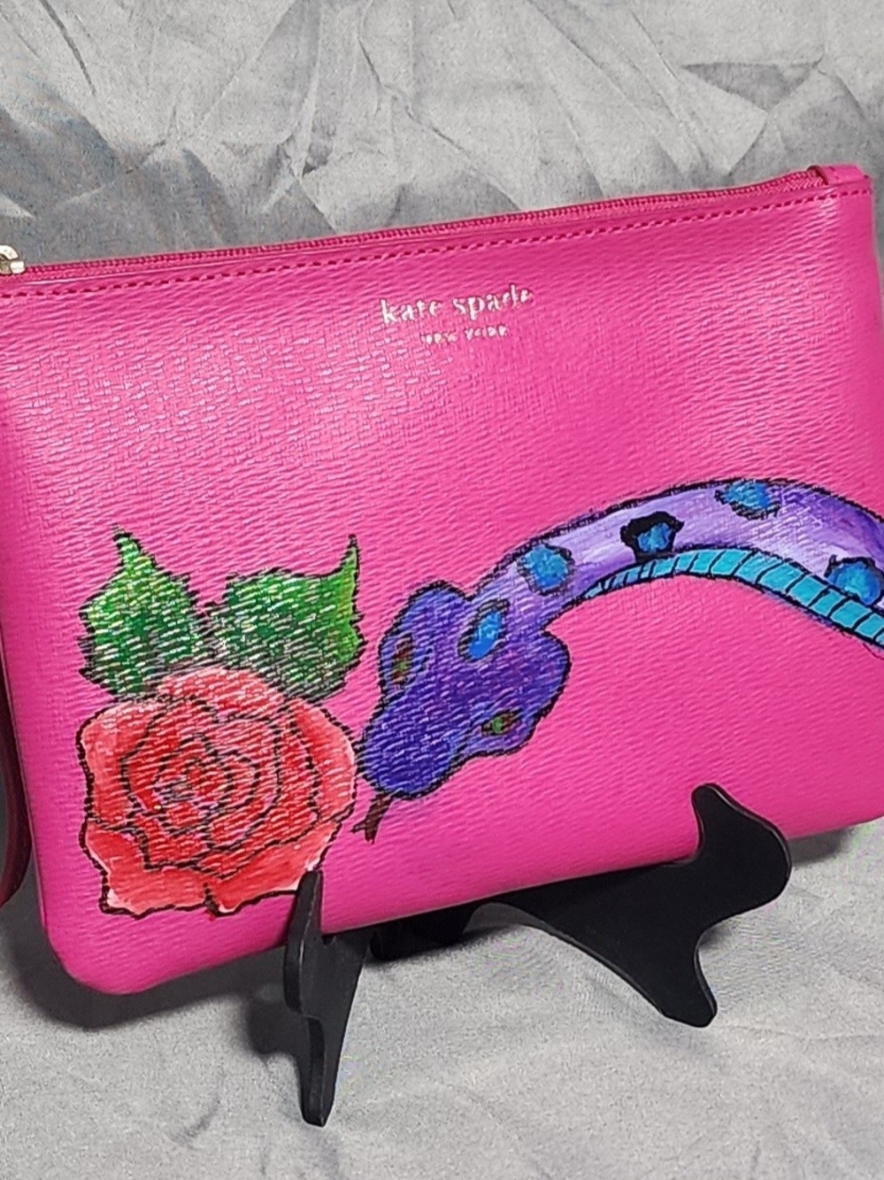 Kate Spade Pink Leather Custom Painted Novelty Wristlet Pouch Snake & Rose